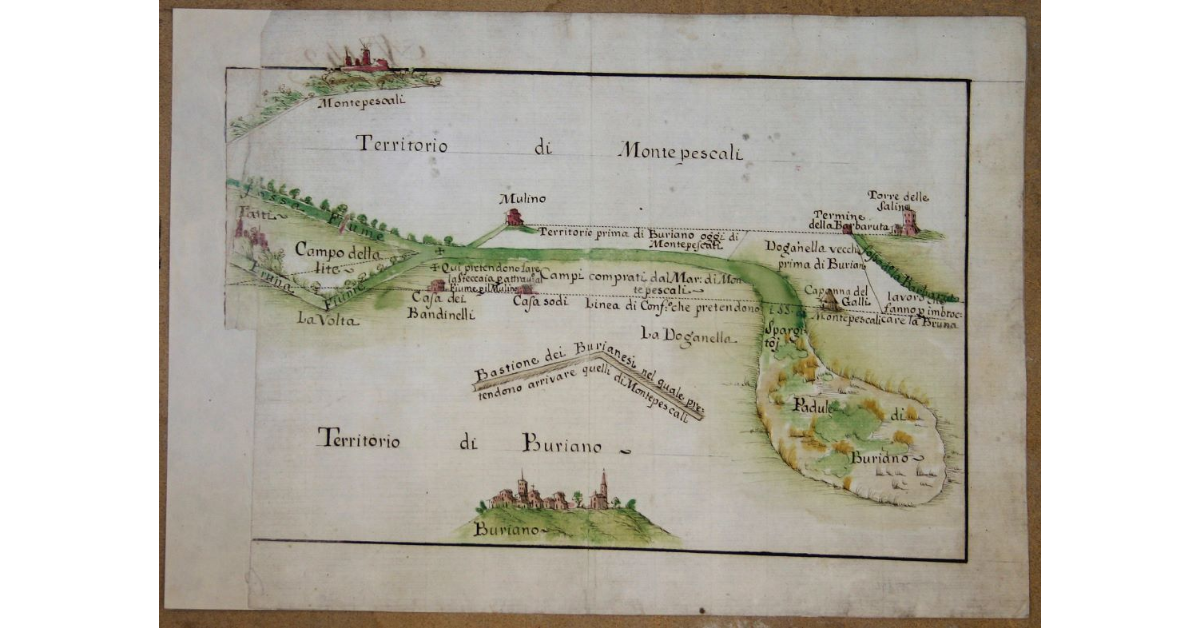 [Monte Pescali con Buriano. Pianta dimostrativa il Confino tra dette due Comunità, e le pretenzioni che à Monte Pescali]