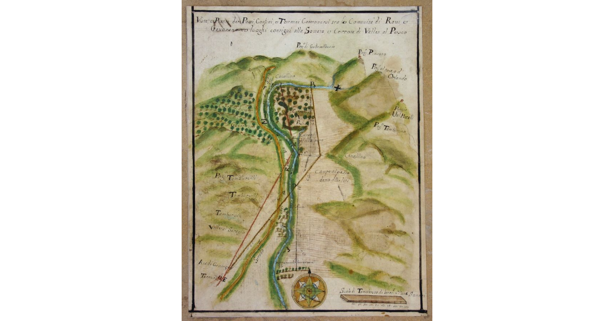 Vista, e Pianta de’ Posti, Confini, e Termini Controversi tra le Comunità di Ravi, e Gavorano ne luoghi contigui alla Sovata, e Cerreta di Valle al Pesco
