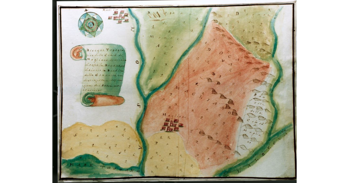 Disegno Topografico della Comunità di Magliano, denotando il rosso la Dogana, ed il bianco la bandita della Comunità