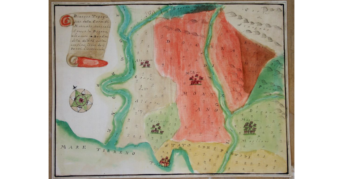 Disegno Topografico della Corte di Monteano, denotando il rosso la Dogana, e lo scuro le Bandite della com.tà, colla confinazione dei Paesi circonvicini
