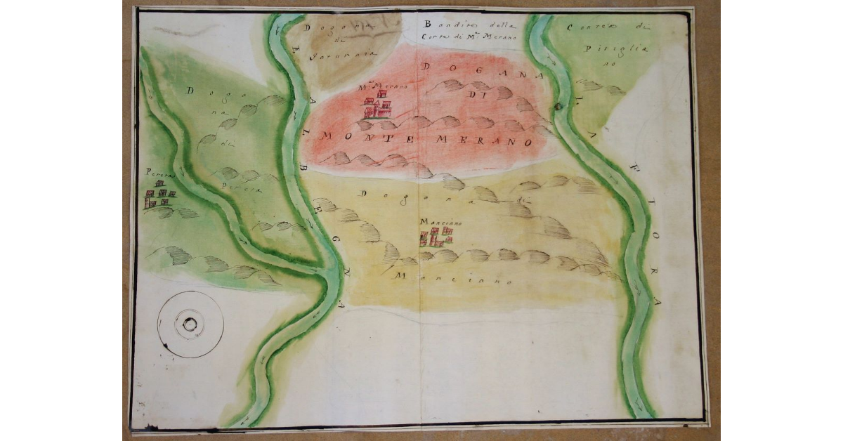 [Monte Merano. Disegno Topografico della Corte di d.a Com.tà, con la Dogana, e le Bandite della Com.tà, con la confinazione dei Paesi Circonvicini]