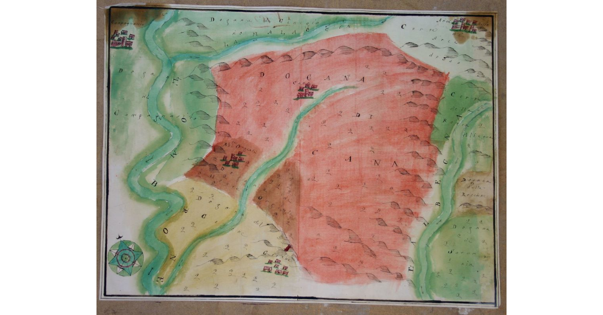 [Cana. Disegno Topografico della Corte di d.a Com.tà, con la Dogana e Beni Comunitativi, e Paesi Circonvicini, e confinanti