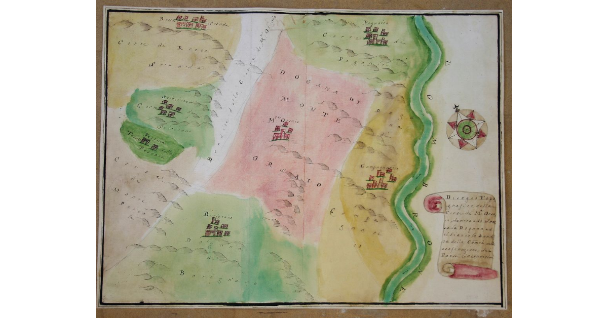 Disegno Topografico della Corte di M.e Orsaio, denotando il rosso con la Dogana, ed il Bianco le Bandite della Com.tà colla confinazione dei Paesi circonvicini