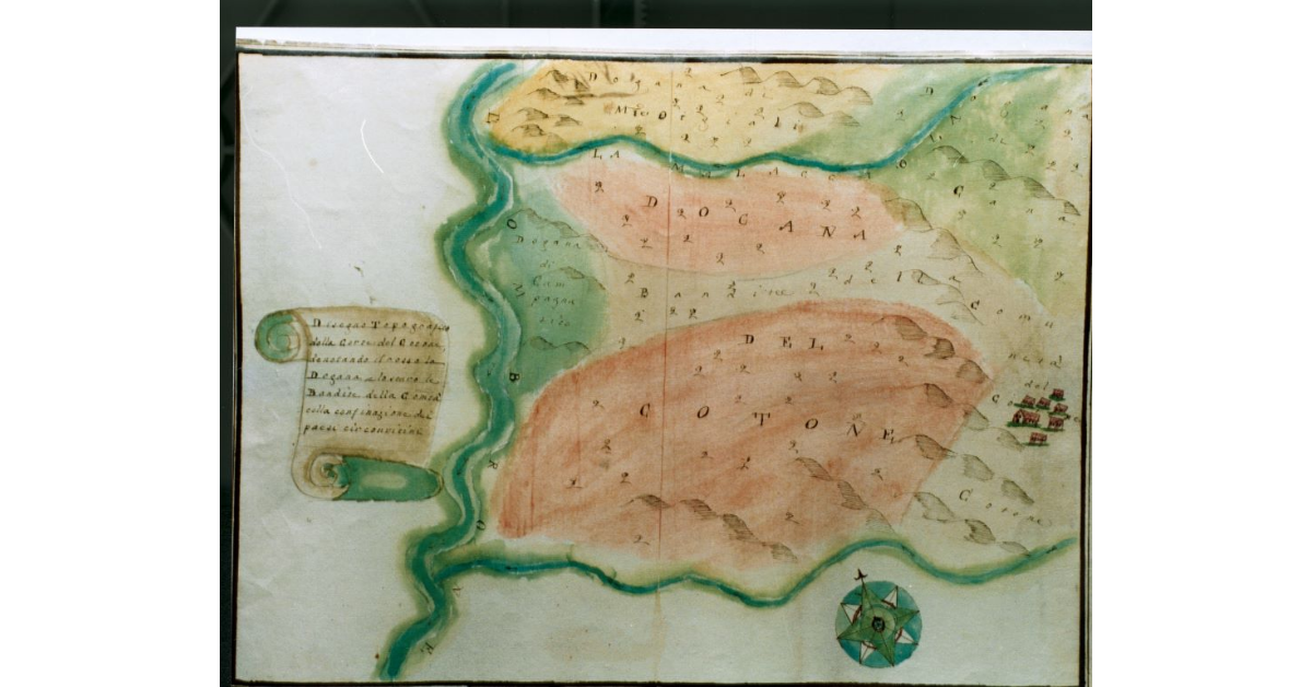 Disegno Topografico della Corte di Cotone, denotando il rosso la dogana e lo scuro le Bandite delle Com.tà colla confinazionedei paesi circonvicini