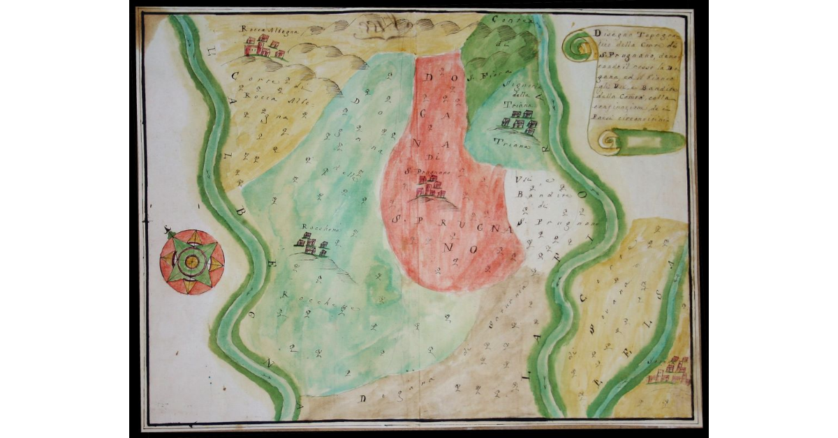 Disegno Topografico della corte di S. Prugnano, denotando il rosso la Dogana, ed il bianco gli Usi e Bandite della Com.tà, colla confinazione de i Paesi circonvicini