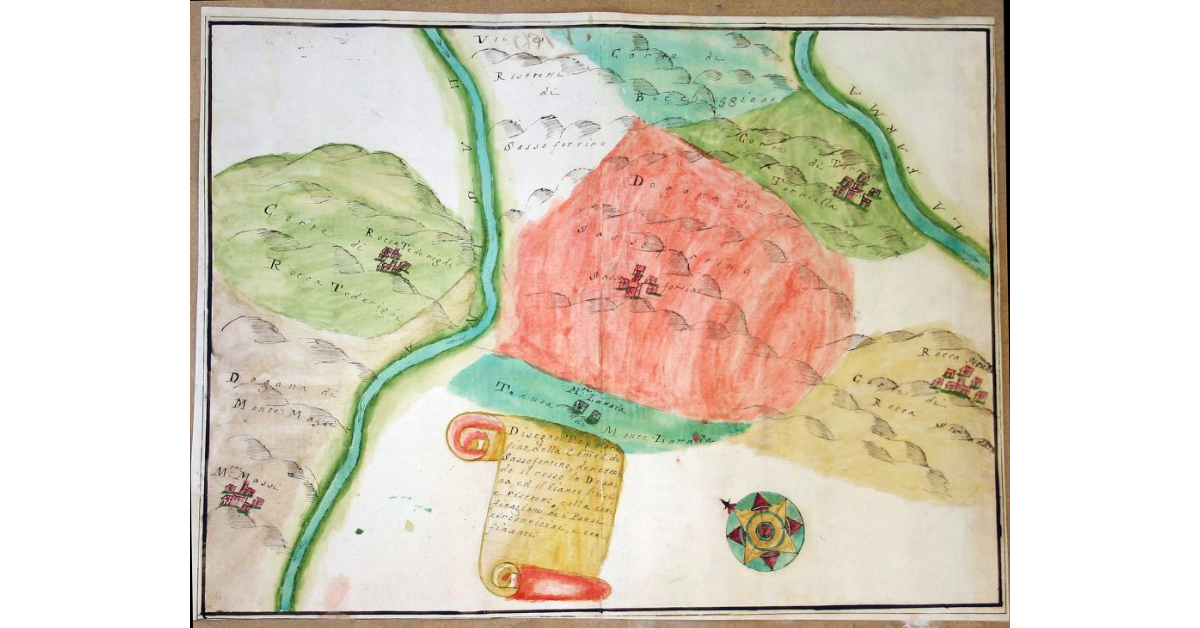 Disegno Topografico della Com.tà di Sassofortino, denotando il rosso la Dogana, ed il bianco gli Usi e ristretti, colla confinazione dei Paesi circonvicini, e confinanti