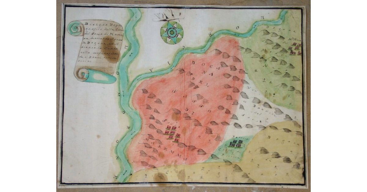 Disegno Topografico della Corte del Sasso di Maremma, denotando il rosso la Dogana, ed il bianco la Comunità, colla confinazione dei Paessi Circonvicini