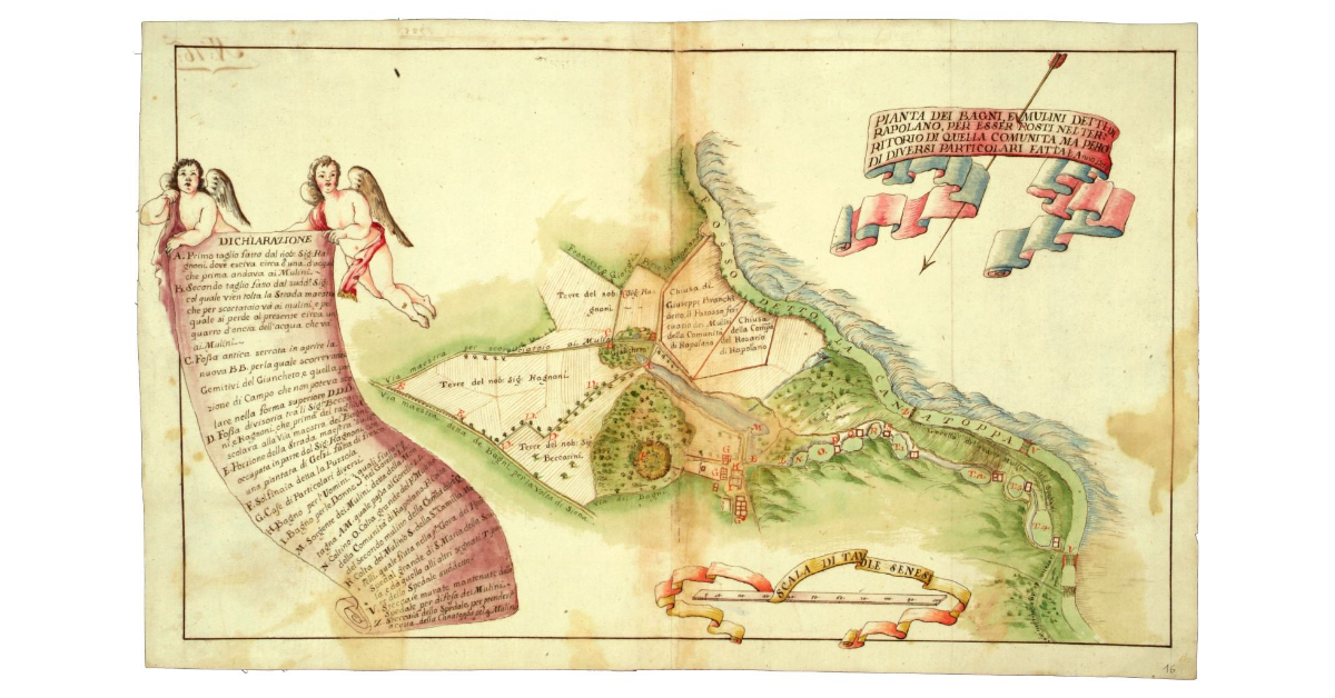 Pianta dei Bagni, e Mulini detti di Rapolano, per esser posti nel Territorio di quella Comunità ma però di diversi particolari