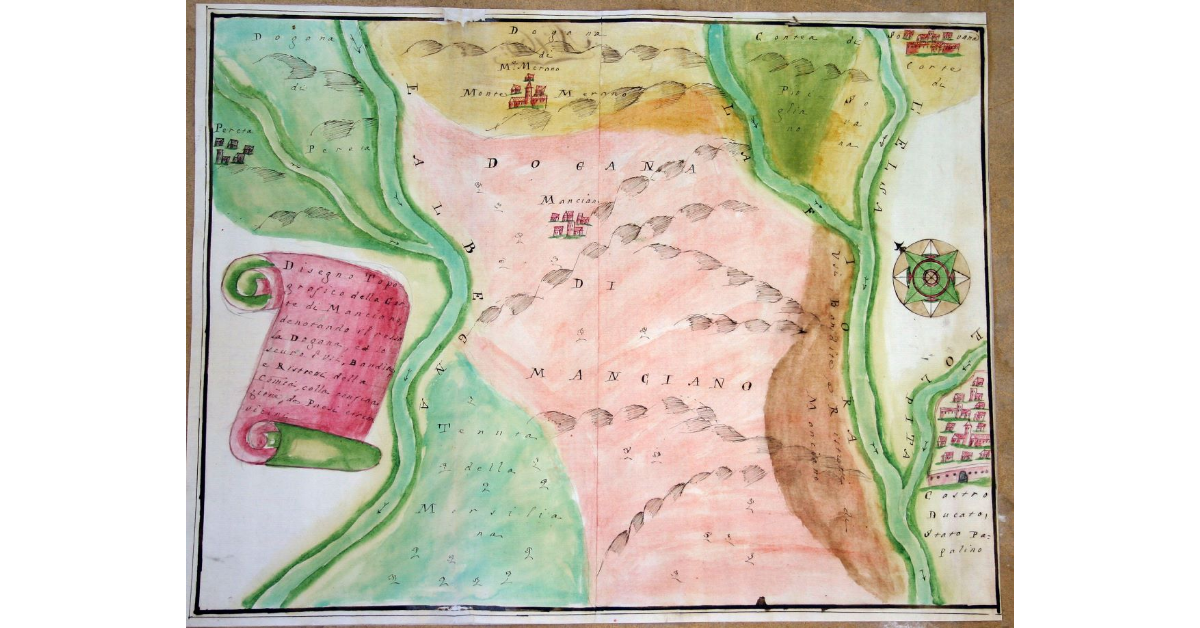 Disegno Topografico della Corte di Manciano, denotando il rosso la Dogana, e lo scuro gli Usi e Bandite, e ristretti della com.tà colla confinazione de i Paesi circonvicini