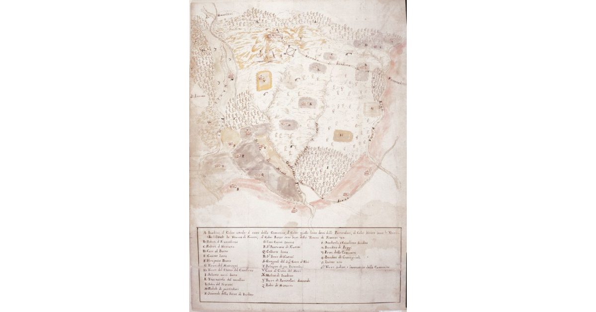 [Iusdino. Pianta del Territorio di detta Comunità, con distinzione dei Beni Comunitativi, e Beni dei Particolari Adiacenti e confinanti]