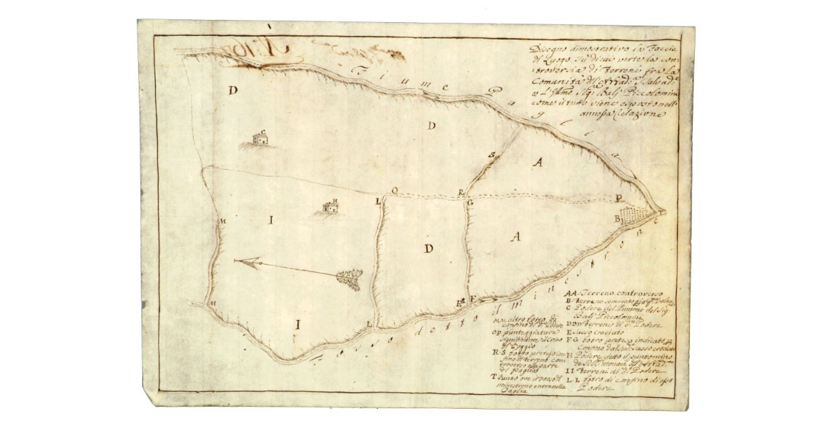 Disegno dimostrativo la Faccia del Luogo sù di cui verte la controversia di terreni fra la Comunità dell’Abbadia S. Salvatore e l’Illustrissimo Signor Balj Piccolomini come il tutto viene esposto nell’annessa relazione