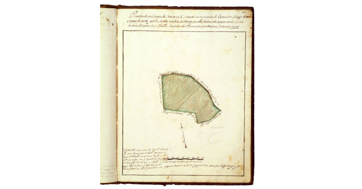 Pianta del campo di staia 15 1/2 situato in vicinanza di Grosseto. Luogo detto ''Campo al Sorbo'' per la strada vecchia di Montepescali dietro al campo santo, ossia dietro al casino di san Francesco. Lasciato da Francesco Casanuova l'anno 1708