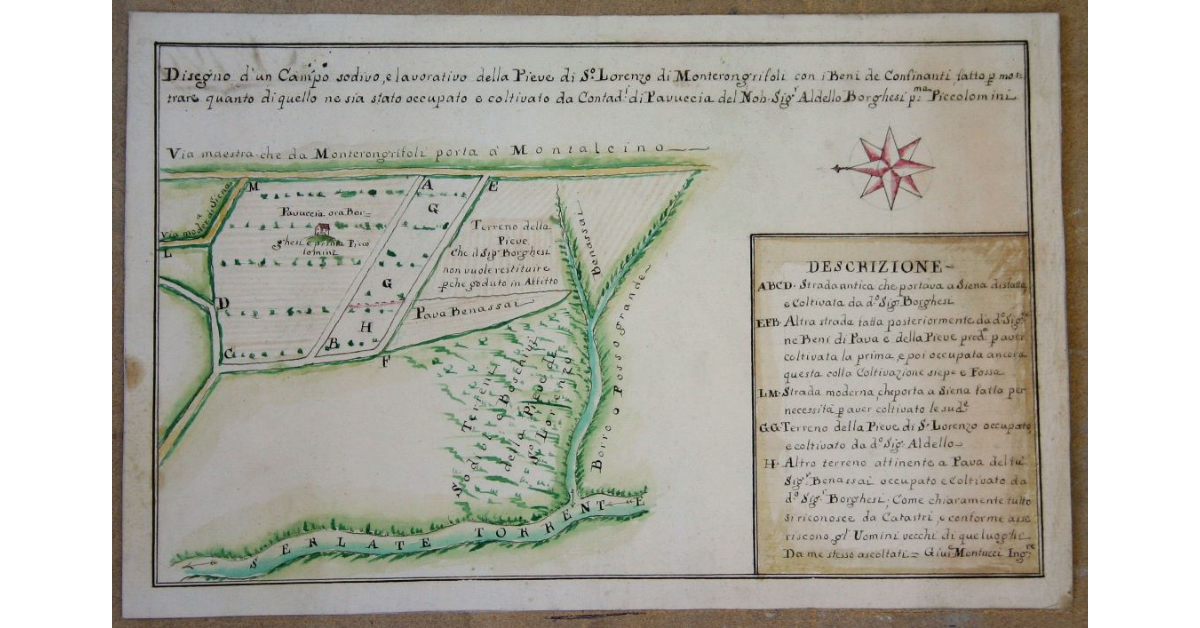 Disegno d'un campo sodivo e lavorativo della Pieve di S. Lorenzo di Monterongriffoli con i Beni de Confinanti fatto per mostrare quanto di quello ne sia stato occupato e coltivato da Contadini di Pavuccia del Nob. Signor Aldello Borghesi prima Piccolomini