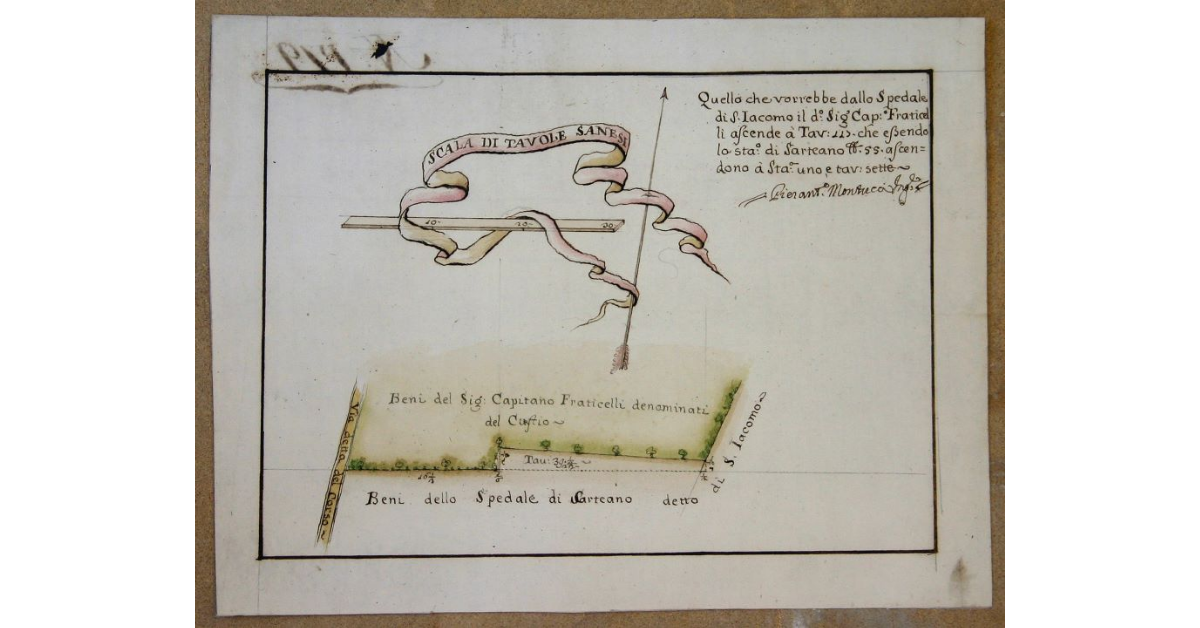 [Sarteano. Spedale di Iacomo col Signore Capitano Fraticelli. Pianta Dimostrativa le pretenzioni di detto Signore Fraticelli contro detto Spedale]