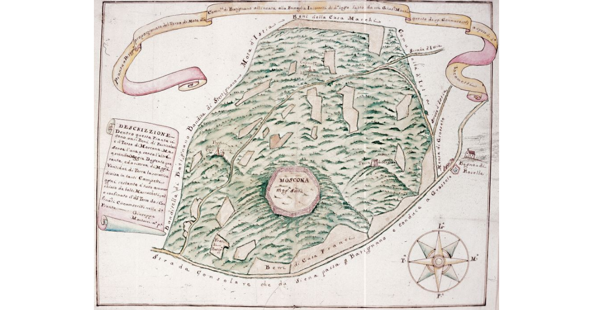 Pianta o Disegno proporzionato del Terso di Mota della Comunità di Batignano allineata alla famiglia Iacometti di detto luogo fatto da me Giuseppe Montucci questo dì 19 Gennaio 1761 a spese di d.o Iacometti