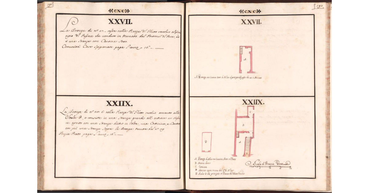 [Botteghe n. 27 e n. 28 poste nella piazza del Ghetto vecchio di Firenze]