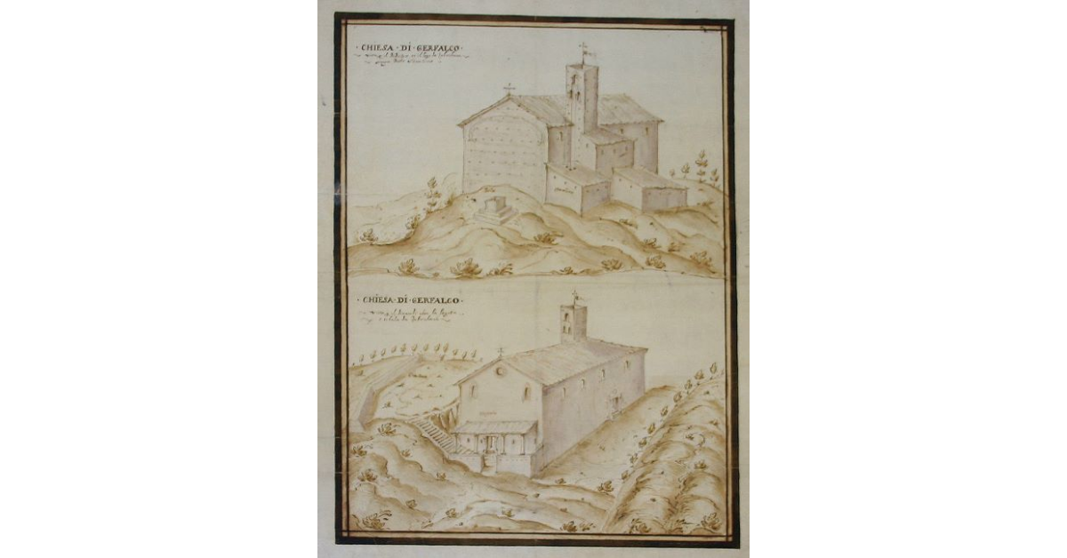 Chiesa di Gerfalco vista per il di detro et il logo da fabrichare sopra dello stanzino. Chiesa di Gerfalco vista per il dinanzi con la logetta e schala da fabrichare