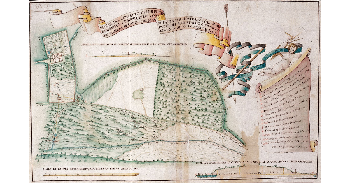 Pianta del convento dei RR. PP. Cappuccini fatta per mostrare come si possa mandarvi l'accua delle vene dette del Munistaldo e Corniolo nel comune di Castel del Piano Stato di Siena in montagna