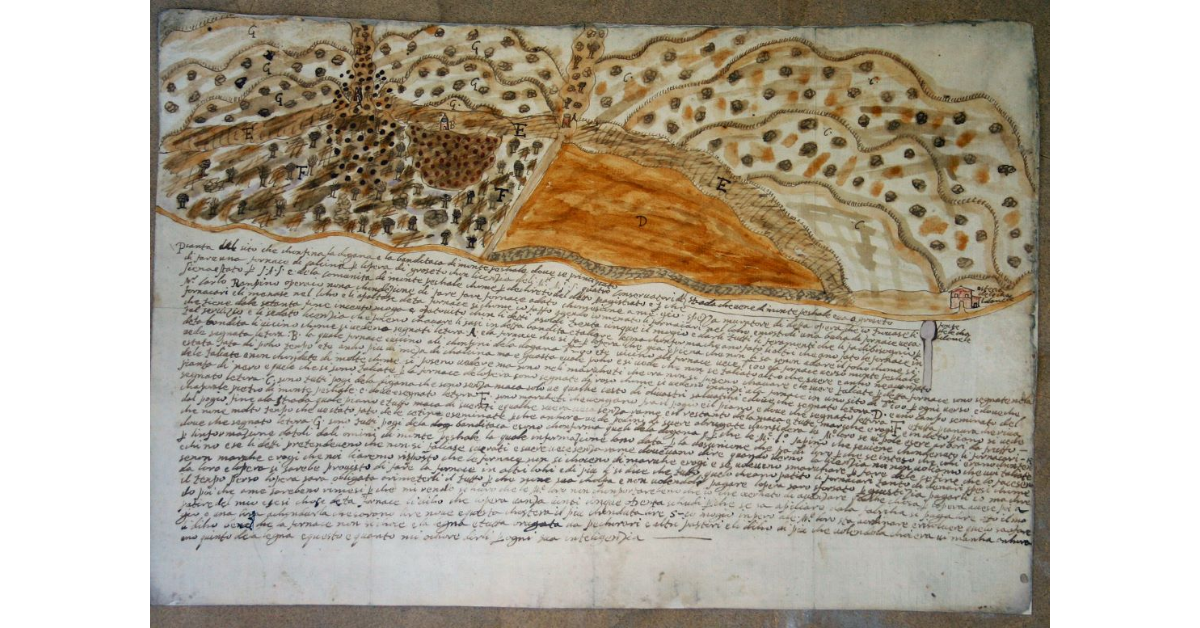 Pianta del sito che chonfina la Dogana e la bandita di Monte Peschale dove va principiato di fare una fornace di calcina per l’opera di Grosseto