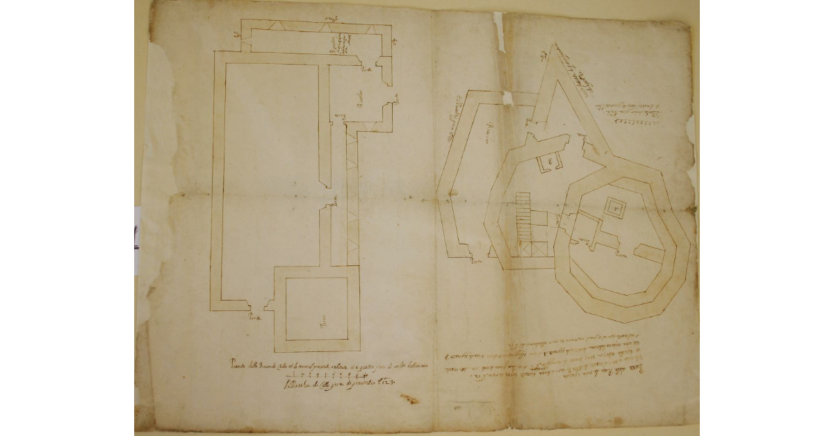 Pianta della Rocca di Celle, et la torre al presente e abitata et a quattro piani di volte bellissime. Pianta della Rocca di Orcia