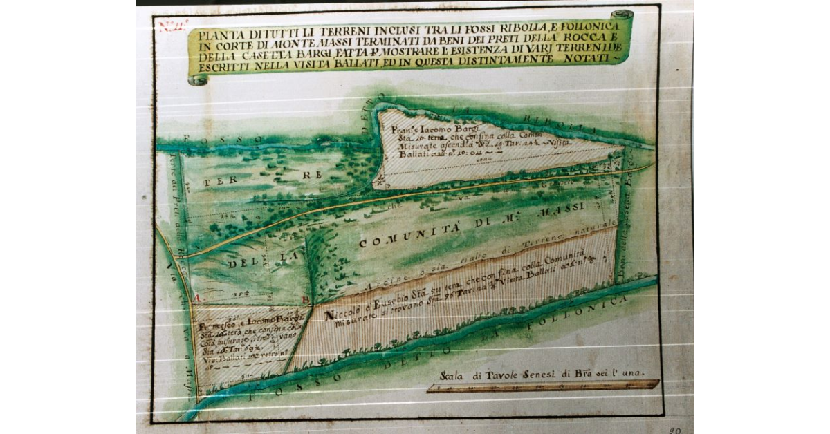 Pianta di tutti li Terreni inclusi tra li fossi Ribolla, e Follonica in Corte di Monte Massi terminati da beni dei Preti della Rocca e della Casetta Bargi, fatta per mostrare l’esistenza di varj terreni descritti nella visita Ballati, ed in questa distintamente notati