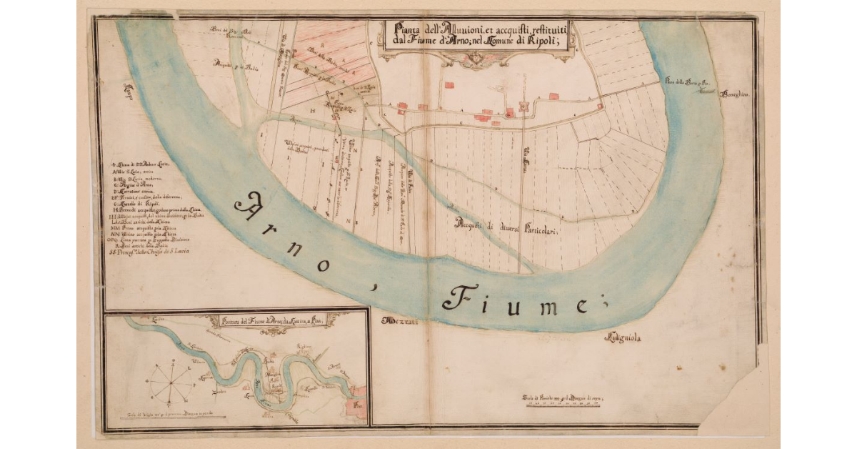 Pianta dell'alluvioni, et acquisti restituiti dal Fiume d' Arno, nel Comune di Ripoli