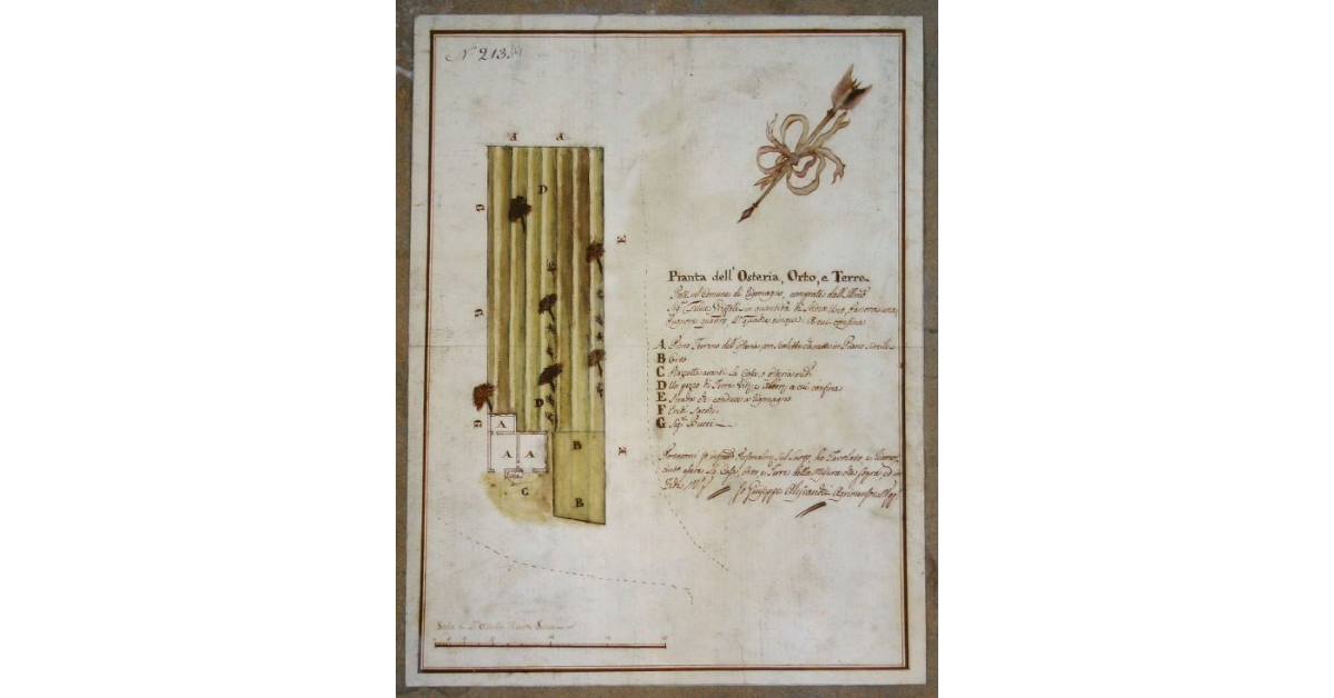 Pianta dell’Osteria, Orto, e Terre. Poste nel Comune di Rigomagno, comprate dall' Ill.mo Sig.r Felice Griffoli in Quantità di Stiora uno, Panora una, Pugnora quattro,B.a quadre cinque