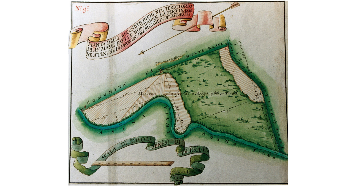 Pianta delle Secchete Bichi nel Territorio di Monte Massi fatta per mostrarne la terminazione à tenore di pronunzia del Signor Giudice Delegato Laghi
