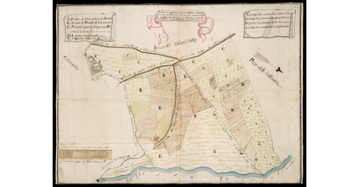 Pianta del Confino che fà il Podere di Casacastri con la Presella di Comunità Denominata le Capanne d’Agostino Piccini e Cetine