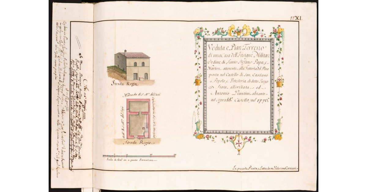 Veduta e Pian Terreno di una Casa [...] attenente alla fattoria dei Pino posta nel Castello di San Casciano [...]