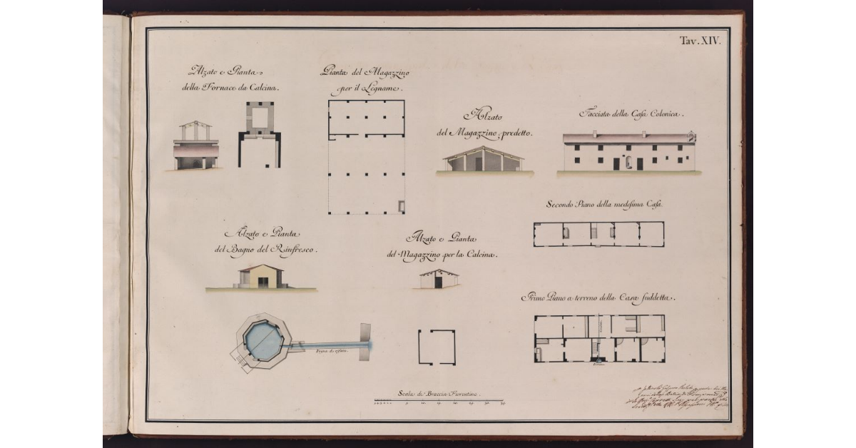[Alzati e piante della fornace da calcina, del magazzino per la calcina, del magazzino per il legname, della colonica e del Bagno di Rinfresco delle terme Leopoldine]