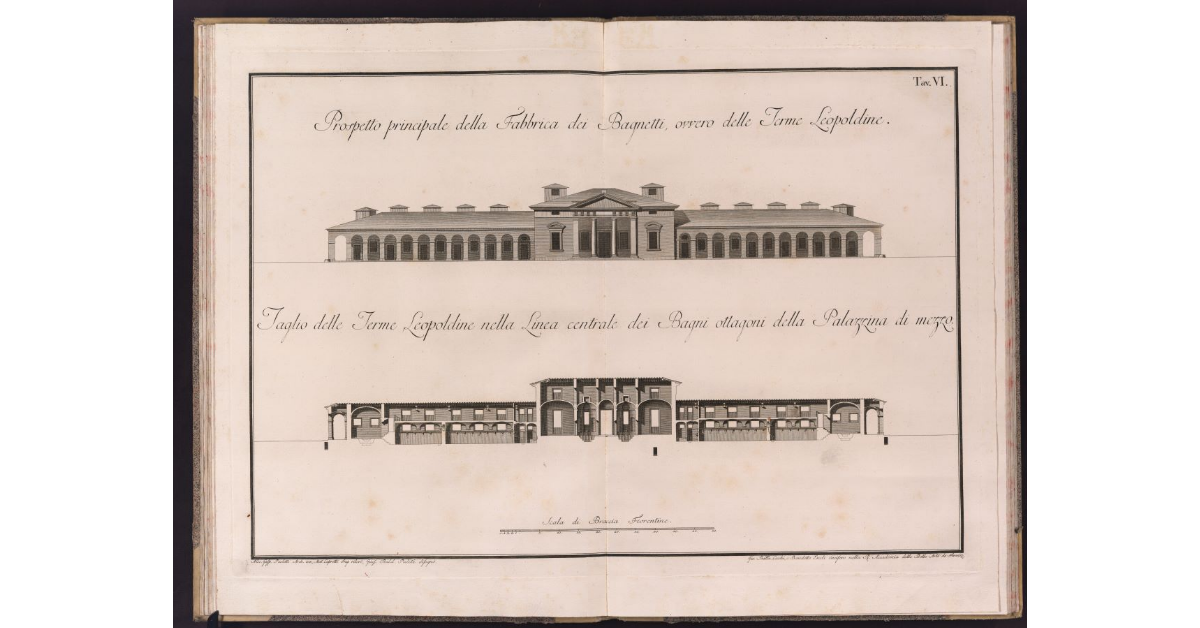 [Prospetto principale delle Terme Leopoldine e taglio lungo la linea centrale dei Bagni ottagonali]