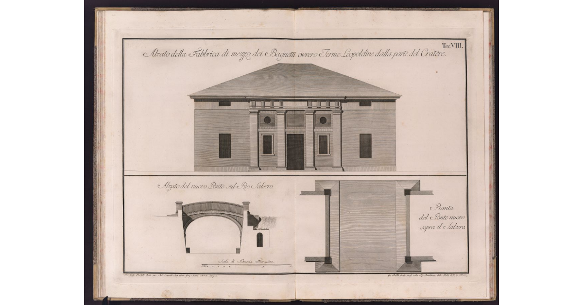[Alzato delle Terme Leopoldine dalla parte del cratere e alzato e pianta del ponte nuovo sopra il rio Salsero]
