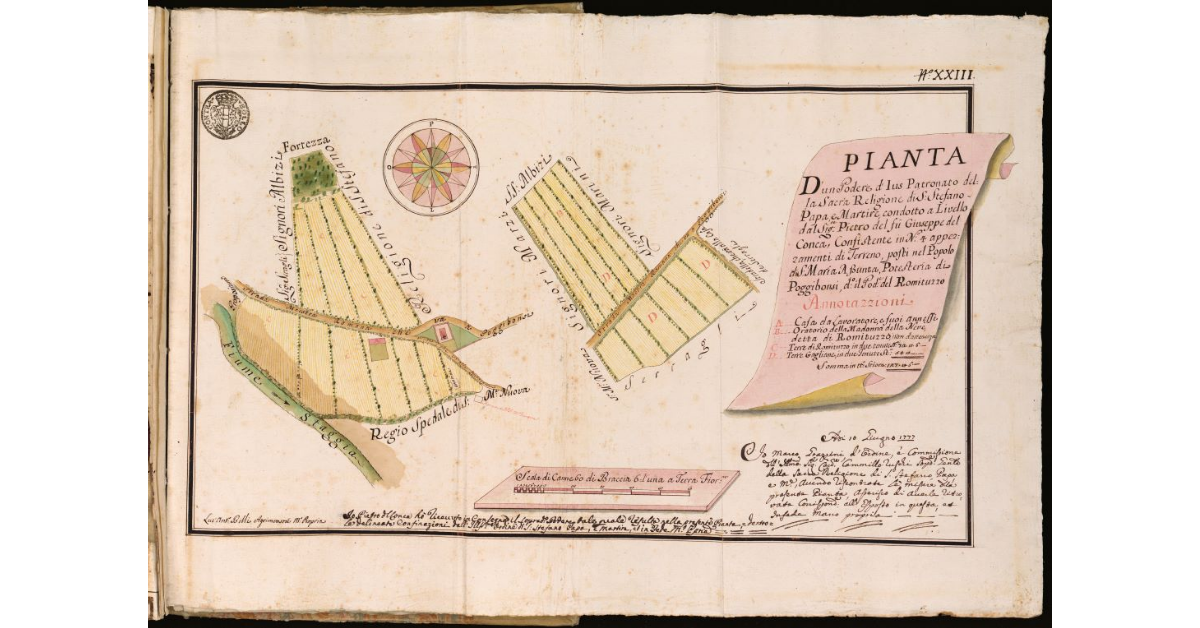 Pianta d'un Podere d'Iuspadronato della Sacra Religione di S. Stefano Papa e Martire [...] nel Popolo di S. Maria Assunta, Potesteria di Poggibonsi, detto il Podere del Romituzzo