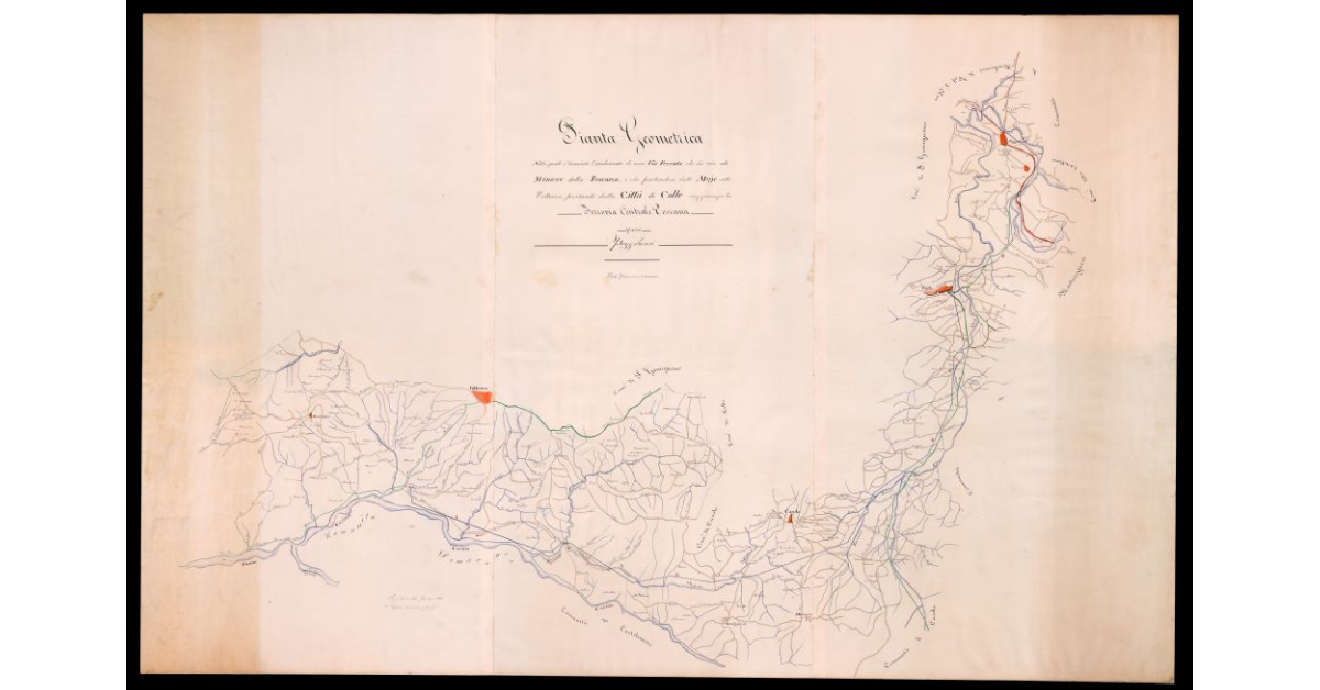 Pianta geometrica nella quale è tracciato l'andamento di una via ferrata che dia vita alle miniere della Toscana e che partendosi dalle Moie sotto Volterra, passando dalla città di Colle raggiunga la ferrovia centrale toscana presso Poggibonsi