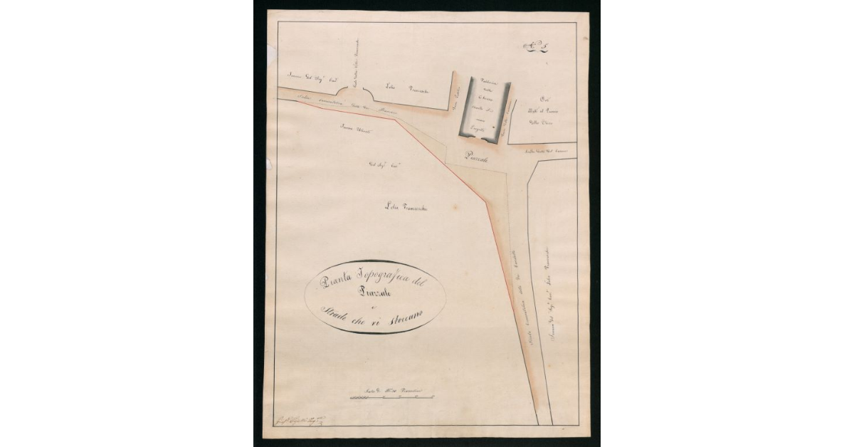 Pianta topografica del piazzale [della pieve di Asciano] e strade che vi sboccano, n.5