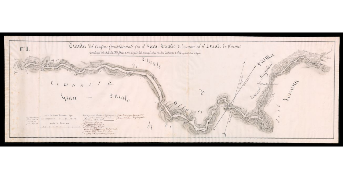 Pianta del confine giurisdizionale fra il granducato di Toscana e il ducato di Parma. Primo foglio dalla Colla del Monte Gattero, termine n. 1 al piede dell'Ara Pelata sul Rio Contrario, termine n. 27 comprendente la linea del lignatico