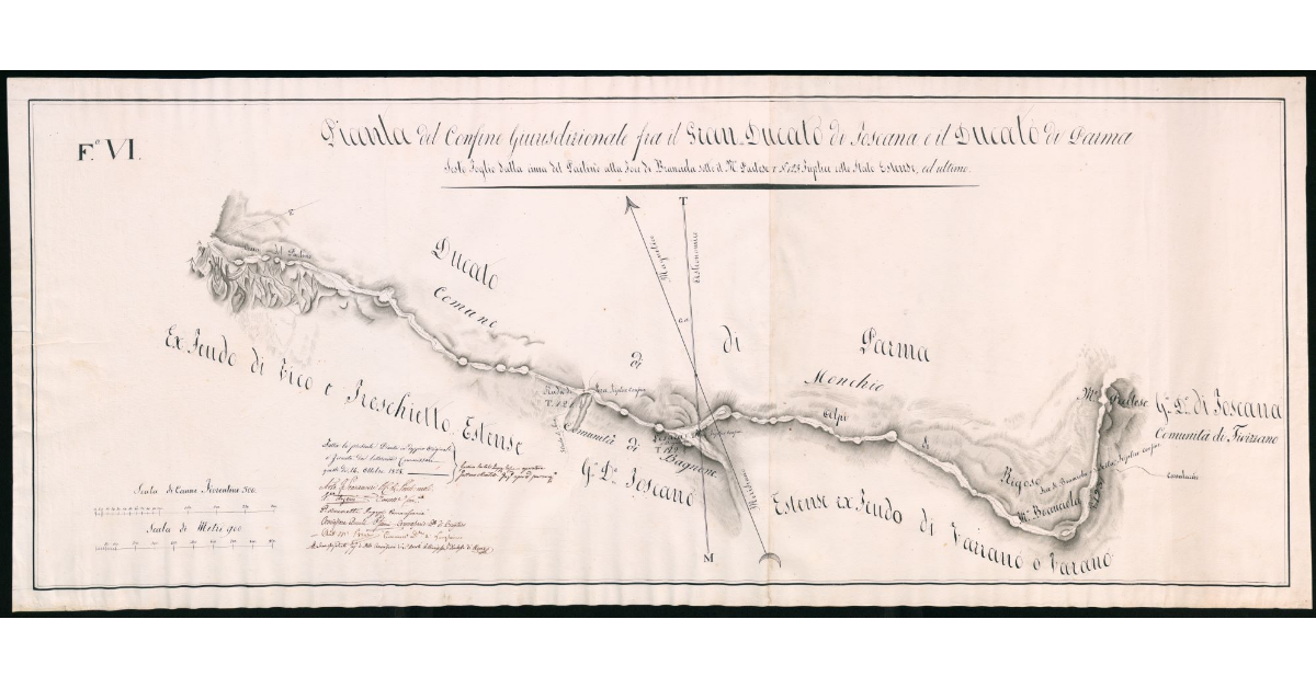Pianta del confine giurisdizionale fra il granducato di Toscana e il ducato di Parma. Sesto foglio dalla cima del Paitino alla foce di Branciola sotto il M. Paitese termine n. 123, triplice collo stato estense ed ultimo