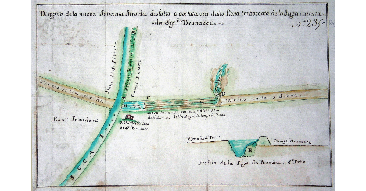 Disegno della nuova Seliciata Strada disfatta e portata via dalla Piena traboccata della Suga ristretta dai Signori Brunacci