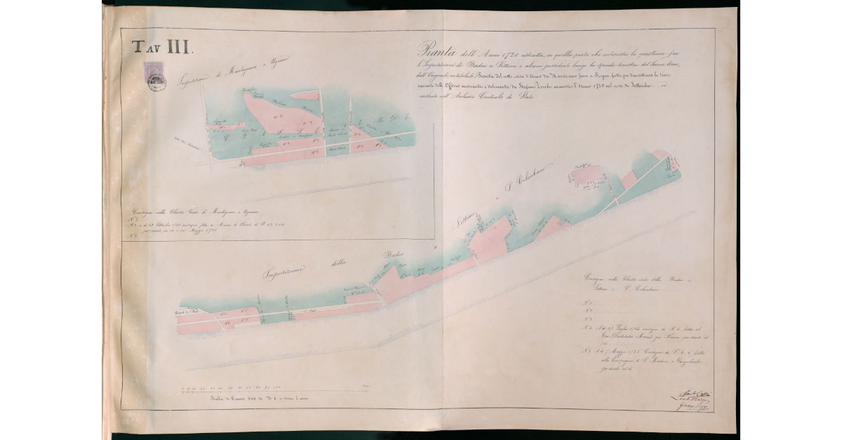 Pianta dell'anno 1720 estratta in quella parte che interessa la questione fra l'imposizione di Badia a Settimo e alcuni possidenti lungo la sponda sinistra del fiume Arno dall'originale intitolato "Pianta del retto corso d'Arno da Rovezzano fino a Signa, fatta per dimostrare le terre vacanti dell'offizio, misurata ed ideata da Stefano Zocchi ministro, l'anno 1720 nel mese di settembre" esistente nell'Archivio Centrale di Stato. Tavola III
