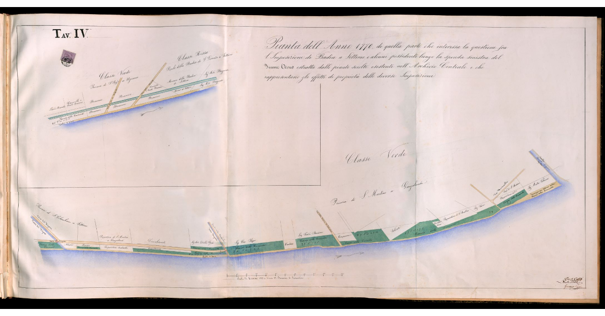 Pianta dell'anno 1770 di quella parte che interessa la questione fra l'imposizione di Badia a Settimo e alcuni possidenti lungo la sponda sinistra del fiume Arno estratta dalle piante sciolte esistenti nell'Archivio Centrale e che rappresenta gli effetti di proprietà delle diverse Imposizioni. Tavola IV