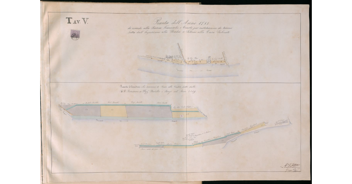 Pianta dell'anno 1788 di corredo alla perizia Franceschi e Giusti per restituzione di terreno fatta dall'imposizione alla Badia a Settimo alla casa Salviati. Tavola V