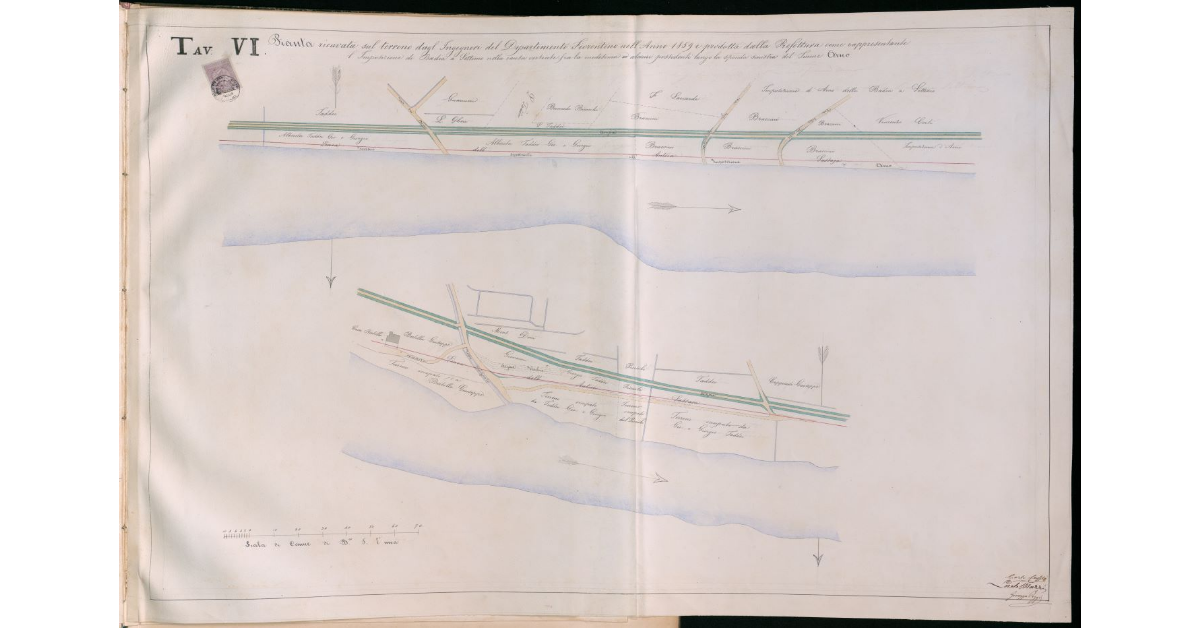 Pianta ricavata nei terreno dagli ingegneri del Dipartimento Fiorentino nell'anno 1858 e prodotta dalla prefettura come rappresentante l'imposizione di Badia a Settimo nella causa vertente tra la medesima ed alcuni possidenti lungo la sponda sinistra del fiume Arno. Tavola VI