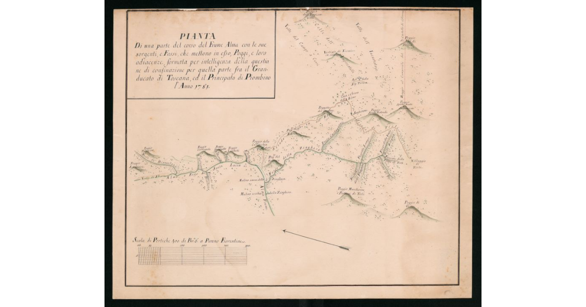 Pianta di una parte del corso del fiume Alma con le sue sorgenti e fossi che mettono in esso, poggi, e loro adiacenze formata per intelligenza della questione di confinazione per quella parte fra il Granducato di Toscana e il Principato di Piombino l'anno 1781