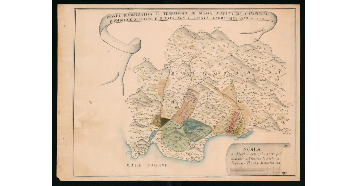 Pianta dimostrativa il territorio di Massa Marittima, Campiglia, Piombino e Scarlino, e questa pianta non è geometrica. Anno 1780