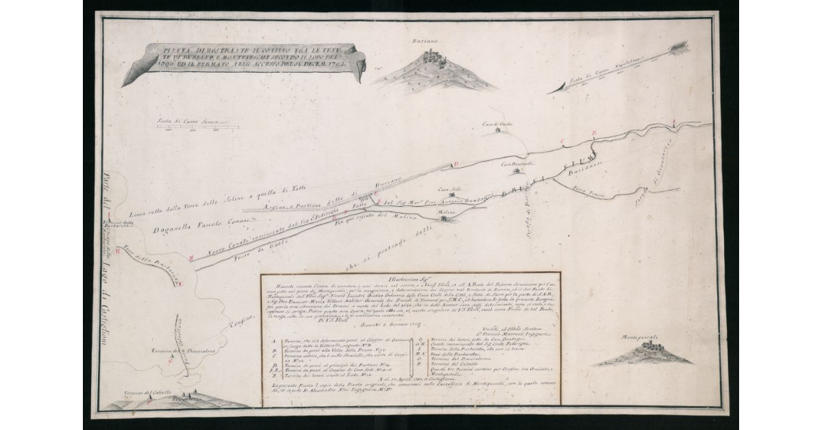 Punta dimostrante il confine tra le tenute di Buriano e Montepescali secondo il Lodo del 1696 ed il Fermato nell'accesso nel 24 Decem. 1725 in occasione della recognizione confinaria nella pianura degli Acquisti tra Granducato e Principato di Piombino