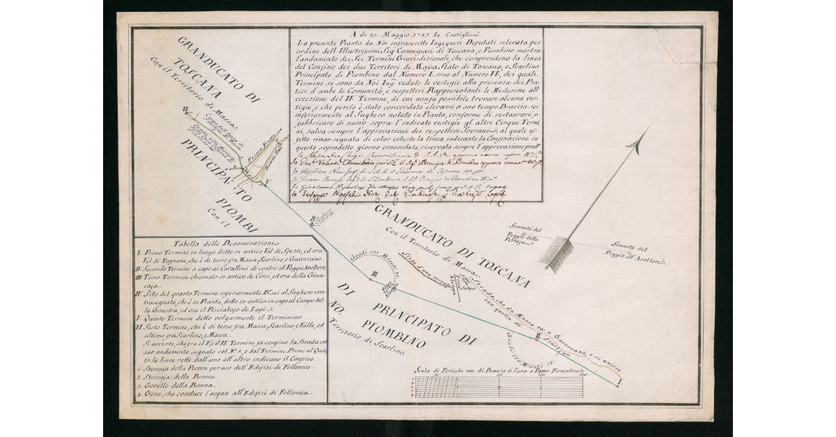 [Pianta del confine giurisdizionale tra il Granducato di Toscana e il Principato di Piombino in Valdipecora nei territori di Massa Marittima e Scarlino]