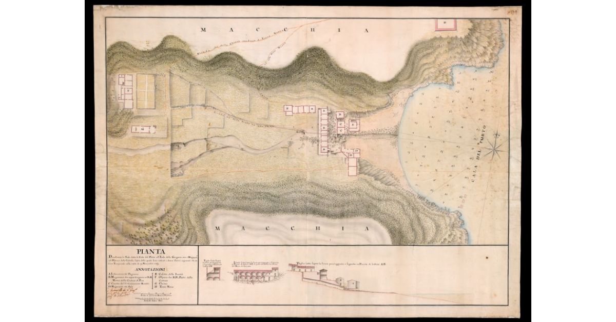 Pianta dimostrante lo scalo detto la Cala del Porto all'isola della Gorgona con i magazzini ed ospizio della Certosa sopra della pale sono indicati i danni stativi cagionati da un fiero temporale nella notte de' 19 Novembre 1769