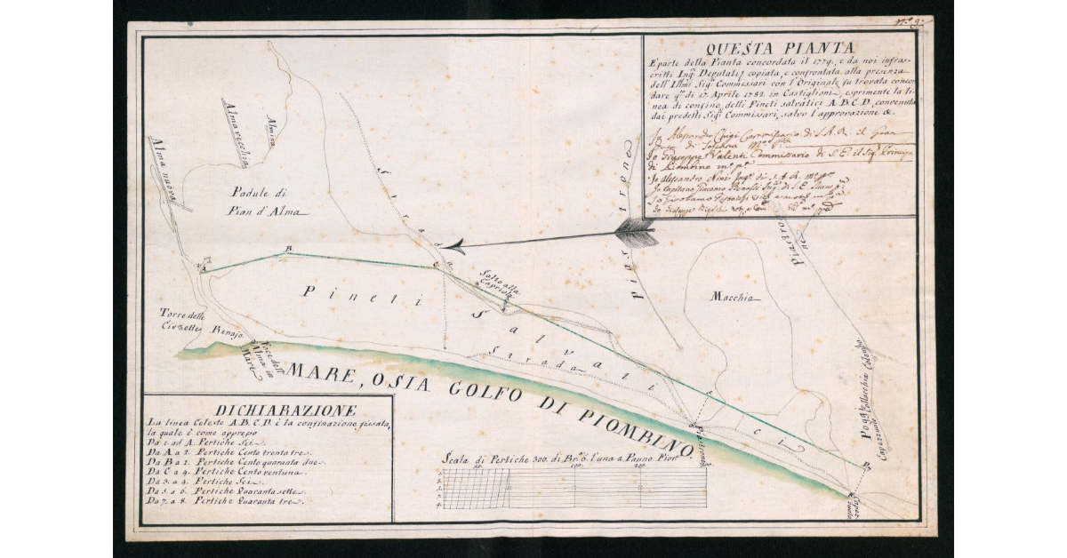 [Pianta del confine giurisdizionale tra Granducato di Toscana e Principato di Piombino tra Plan d'Alma e Gualdo]