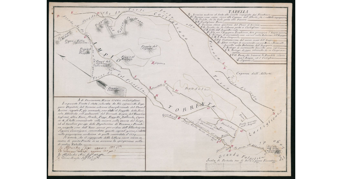 [Pianta del confine giurisdizionale tra Granducato di Toscana e Principato di Piombino nel Piano della Badia al Fango]